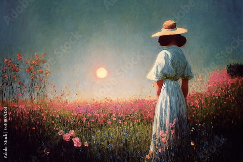  woman in blue dress on wild field with pink flowers ,sunset cloudy sky impressionism painting art wallpaper by Claude Mone style