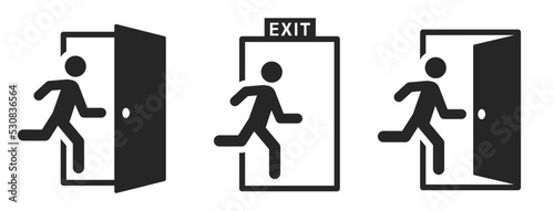 Emergency exit sign set. Man running out fire exit. Running man and exit door sign. Escape help evacuation. Safety vector symbol.