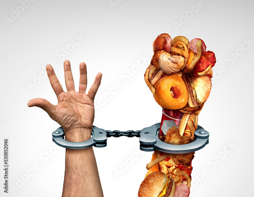 Fast Food Trap and being trapped by unhealthy junkfood as hamburgers and hot dogs with fries shaped as hands handcuffed as a prisoner of fat