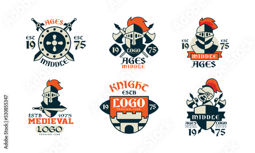 Middle Ages and Medieval Premium Club Logo Design with Sword and Knight Armour Vector Set