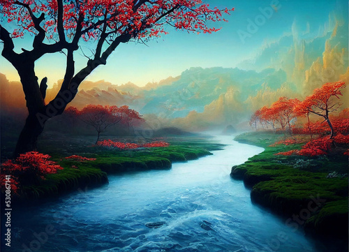 beautiful fantasy landscape with river in autumn colours, digital art