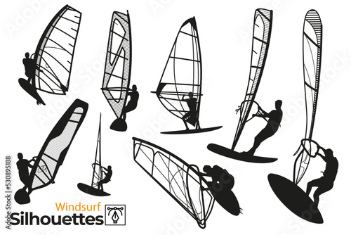 Isolated group of windsurfing silhouettes.