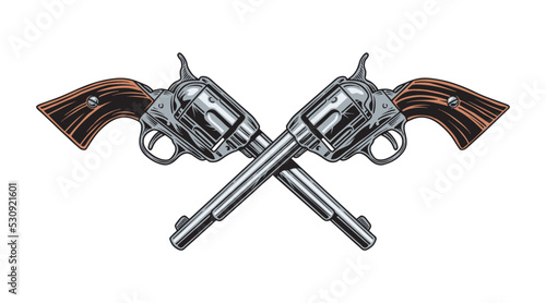 Pistol, crossed revolvers isolated on white background. Vintage gun or firearm vector illustration 