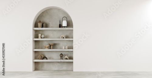 Round arch built-in shelf open wall shelve on plastered walls, open shelves with decorative old vases, candlesticks, sculptures. Vases in Balinese style. 3d render