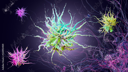 Multicolored virus, 3d Render. Virus, microbes, spores or bacteria under a microscope. Underwater organisms