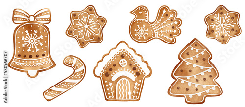 Gingerbread clipart. Watercolor Christmas illustrations set. New Year holiday decor. Winter traditional cookie with ornament. Isolated on white background.