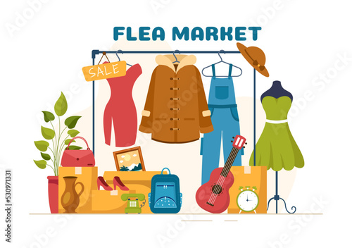 Flea Market Template Hand Drawn Cartoon Flat Illustration Second Hand Shop with Shoppers, Swap Meet, Sellers and Customers at Weekend