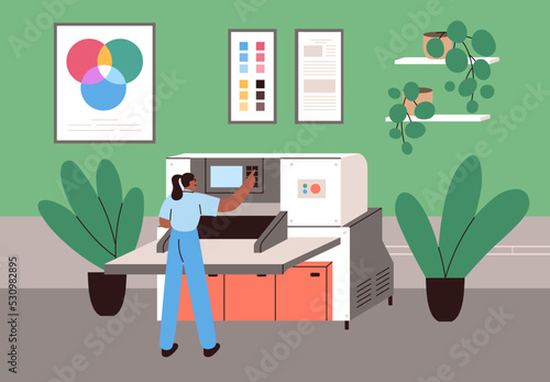 Work with cutter machine in polygraphy industry. Woman worker of publishing, printing house working with professional cutting equipment, typography production technology. Flat vector illustration