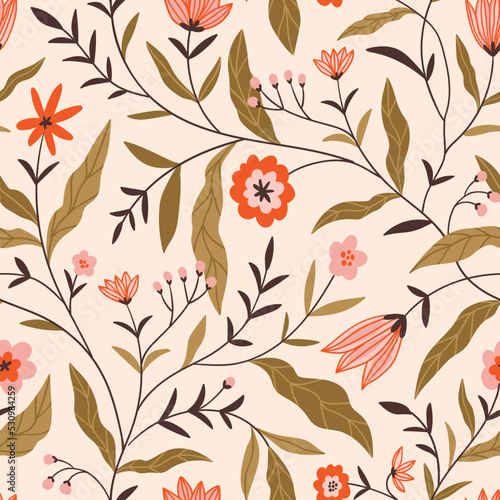 Chintz floral pattern. Vector hand-drawn seamless design. Flowers motif for decoration chintz fabric or indonesia batik sarong. Oriental folk design for wallpaper, textile, blanket, clothing.