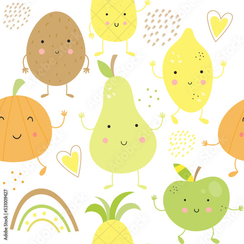 Kids Pattern Funny Fruits on White Background. Seamless background for baby apparel, childish menu, wrapping paper. Vector illustration