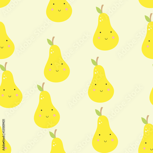 Yellow Pear Seamless Pattern Vector. Kids illustration for nursery design. Fruit pattern for baby clothes, wrapping paper, scrapbooking
