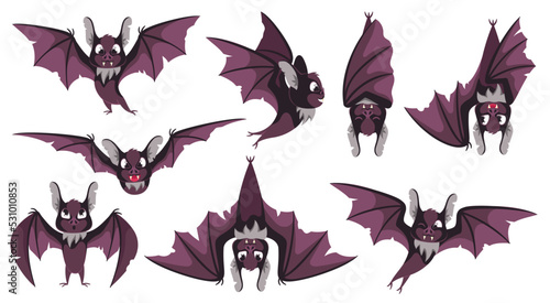 Cartoon bat character. Scary night vampire animal, flying bats in different poses and halloween mascot vector illustration set