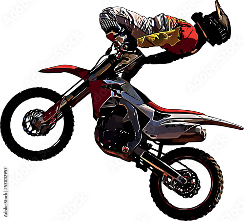 Color vector image of motorcyclist performing an extreme jump trick