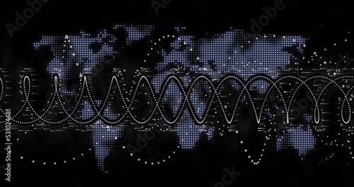 Image of dna strand spinning and data processing over world map