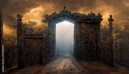 an open portal to an alien world in a deep green forest. Ancient gate to a distant place. Magic of ancient peoples. 3d render, Raster illustration.