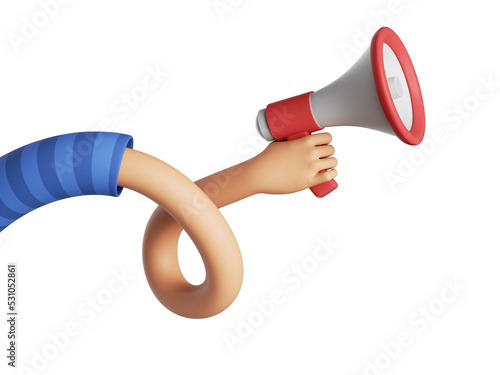 3d render. Cartoon character flexible arm holds megaphone. News metaphor. Social media clip art isolated on transparent background