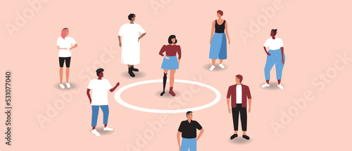 Woman with prosthesis introvert, crowd of people and circle as personal boundaries, flat vector stock illustration as concept of personal zone