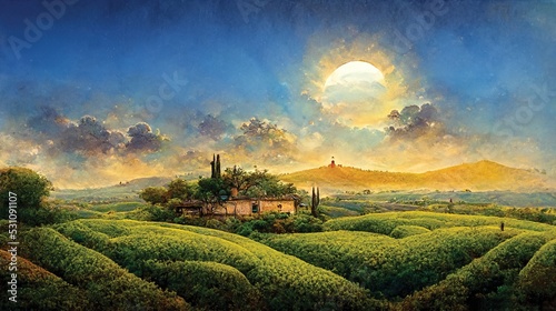 Italian landscape, semi abstract painting, panorama tuscany hills. Printable wall art, digital illustration