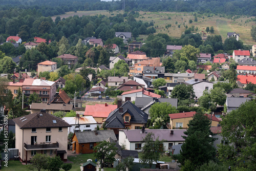 Miasteczko w dolinie z domami o czerwonych dachach w zieleni. 