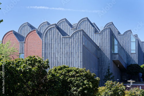 the modern extraordinary facade of the cologne museum ludwig seen from the rhine river