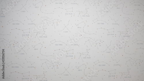 Pared de patrones con las estrellas y sus formas, concepto de indicaciones de nombres de estrellas, el universo de estrellas.