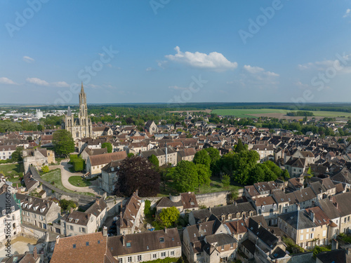 Aerial view of medieval Senlis in France with Gothic church and city walls