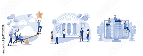 remote work from home during quarantine online , bank building on a white background, people on a swing and outweighs them to get a star from the sky, set flat vector modern illustration