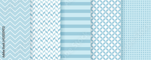 Scrapbook seamless pattern. Blue baby boy backgrounds. Set baby shower textures with polka dots, zigzag, sripes and herring bone. Retro pastel print. Geometric wrapping backdrop. Vector illustration.