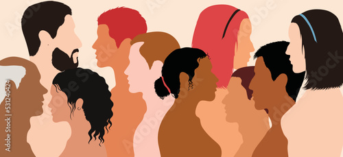 Universalism, multiculturalism, racial equality and anti-racism. Group cartoon profile of people from diverse cultures. Friendship among ethnic groups.