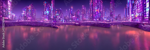 Futuristic metaverse city concept with glowing neon lights. Banner size