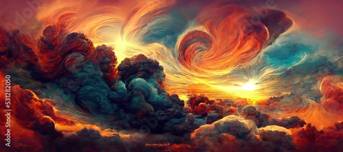 Surreal cloudscape of intense bright sunlight glow, dramatic fiery red flame clouds and late afternoon golden hour rainbow fusion of colors. Reminiscent of summer pacific ocean hot sunsets.