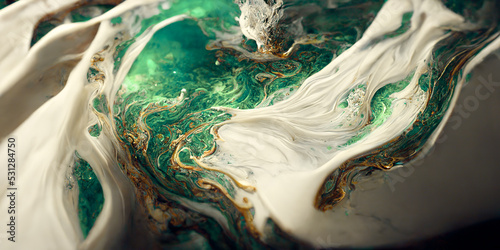 Spectacular image of green and white liquid ink churning together, with a realistic texture and great quality for abstract concept. Digital art 3D illustration.