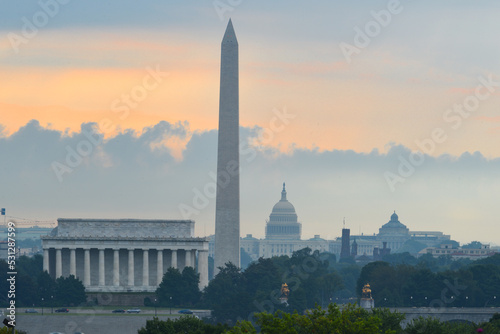 Washington D.C. skyline at sunrise with major monuments in view - Washington D.C. United States of America 