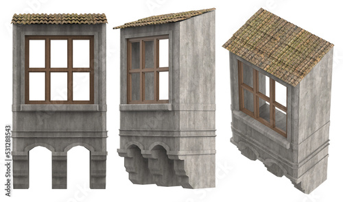 Isolated 3d render illustration of medieval castle or fortress balcony with window frame.