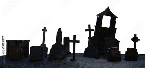 Isolated 3d render illustration of horror scary cemetery graveyard landscape.