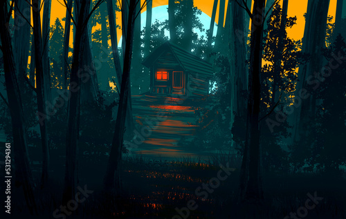 Horror and scary artwork illustration of ghostly shack or cabin in deep woods with full moon and glowing background.