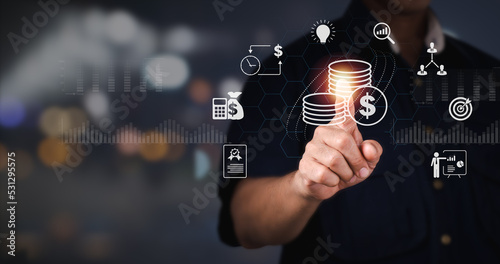 Budget and financial planning concept including a management or executive CFO estimating the company's yearly income and costs. Corporate finance and the annual strategy plan