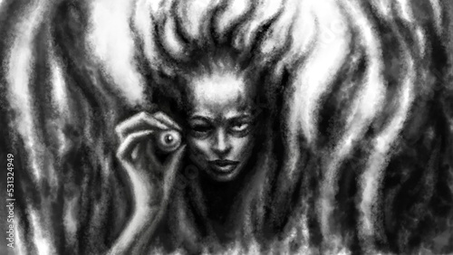 Evil witch demon holds her eye in her hand illustration. Horror fantasy genre. Spooky hell visions. Halloween ghost image. Gloomy character digital art. Coal noise effect. Black and white background.