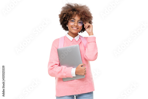 Studio portrait of smiling african american teen girl, online course or high school student holding glasses and laptop