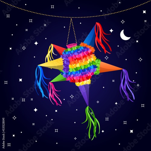 Tradicional Piñata Navideña en Mexico, Piñata de estrella multicolor para posada y fiestas.