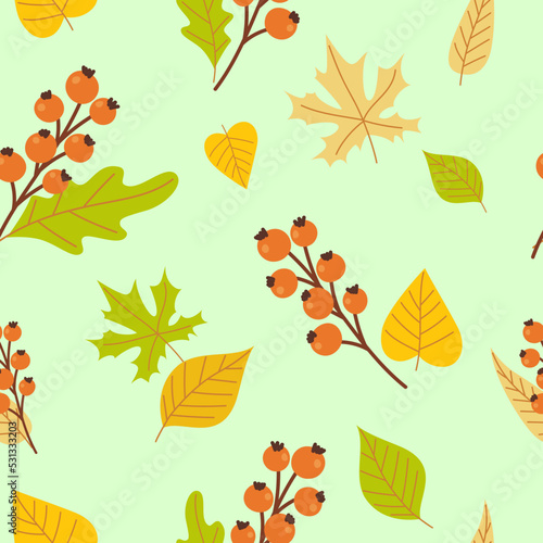 Autumn leaves and berries hand drawn elements in cartoon style. Vector seamless pattern in light colors.