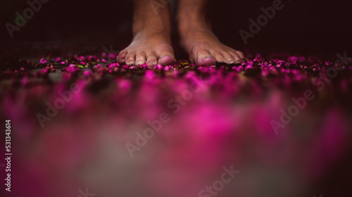 pies sobre alfombra de flores rosadas 