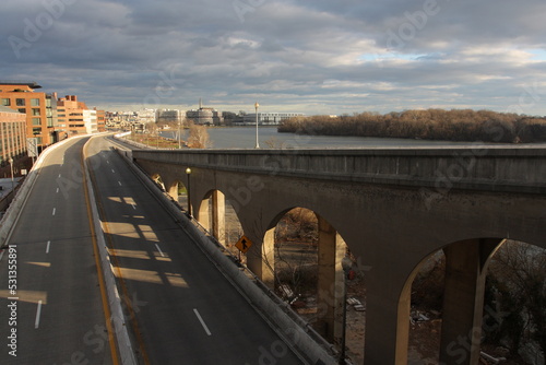 View of Whitehurst freeway and Potomac river from Francis Scott Key Memorial Bridge - Georgetown, Washington, DC