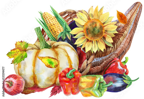 Watercolor cornucopia filled with vegetables and fruits 