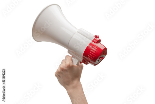 Megaphone in woman hands on a white background.