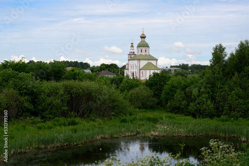 View of Ilyinsky Church built in 1744 near the Kamenka River in summer in Suzdal, Russia