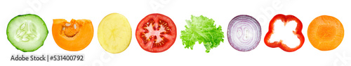 Collection of vegetable slices isolated on transparent background. Fresh food. PNG format