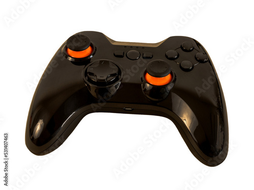 Video game controller isolated, wireless black gamepad.