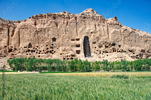 Afghanistan, Bamiyan (Bamian or Bamyan), cultural landscape and archeological remains, UNESCO World Heritage site, consolidation work, cliff and empty niche where Buddha statues were destroyed
