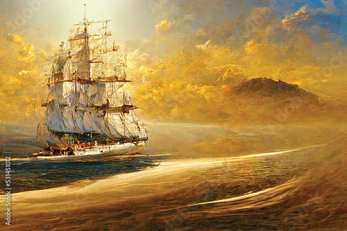 Oil painting of sailing ship on ocean in sunset. Digital art, printable home decor art, ai artwork